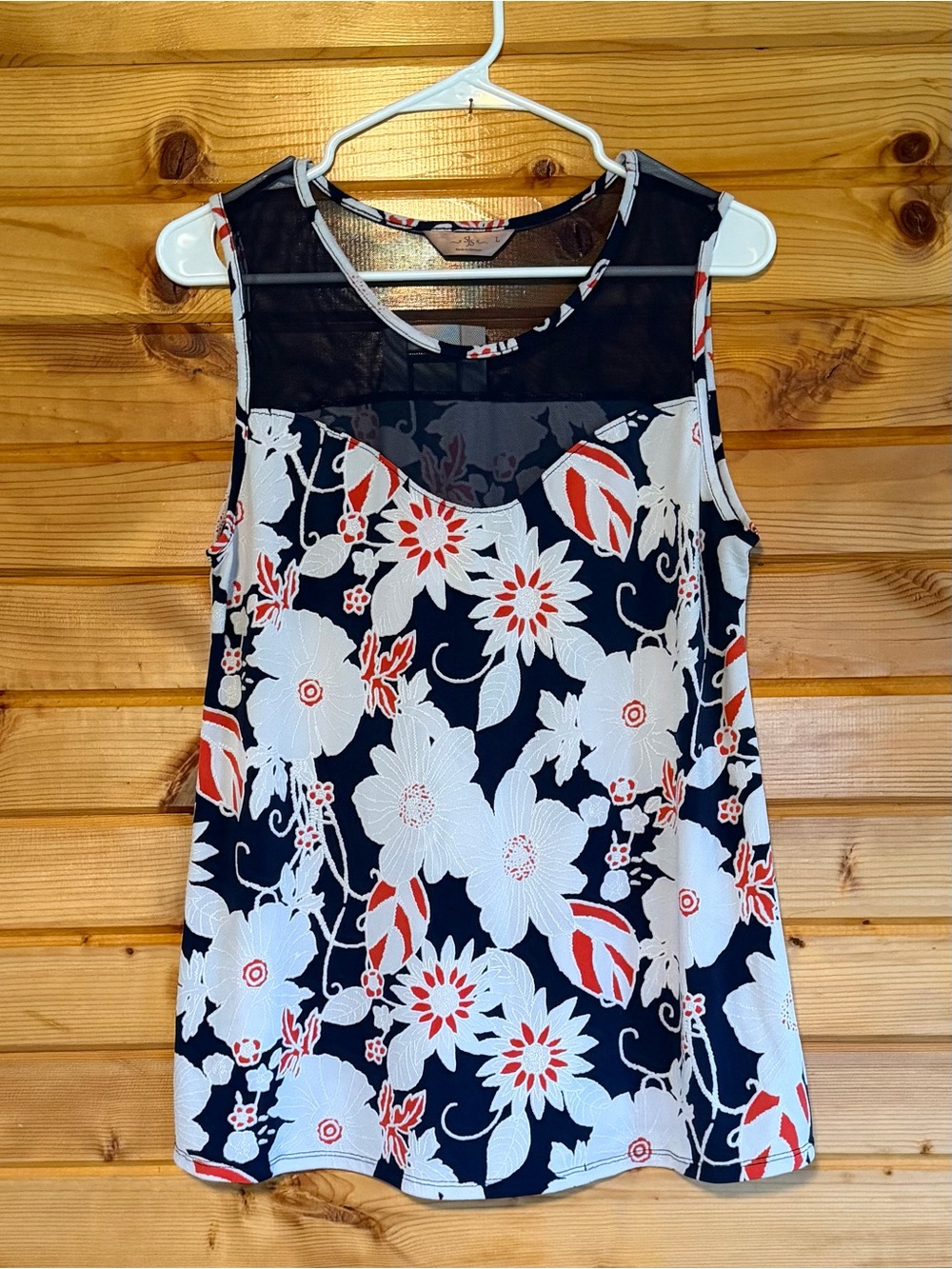SJS Black Floral Tank with White and Red Accents